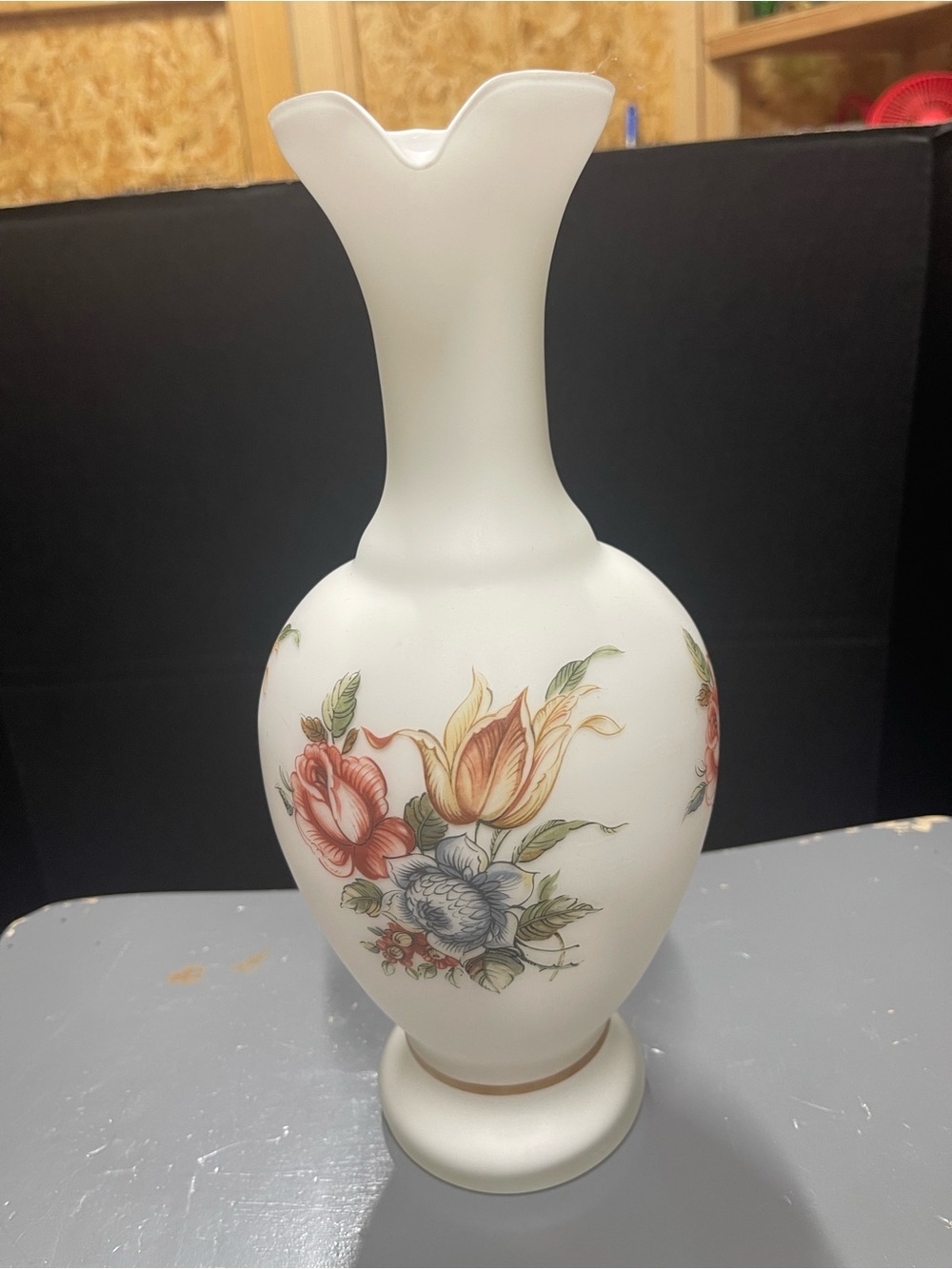 Cased satin glass pitcher or vase floral decals hand painted gold accents 9"